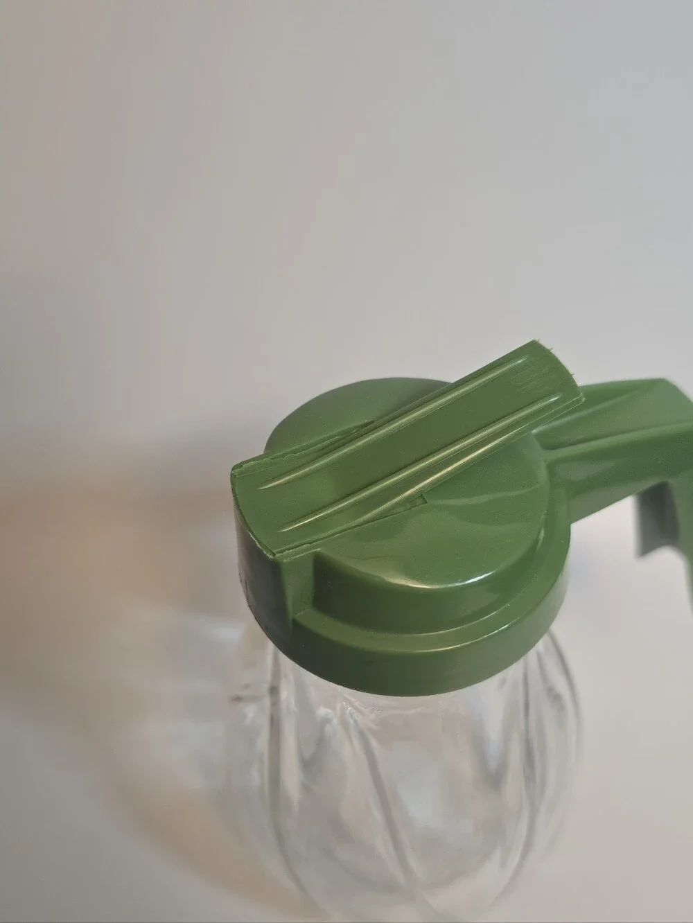 Vintage Glass Syrup Pitcher with Green Plastic Lid and Handle